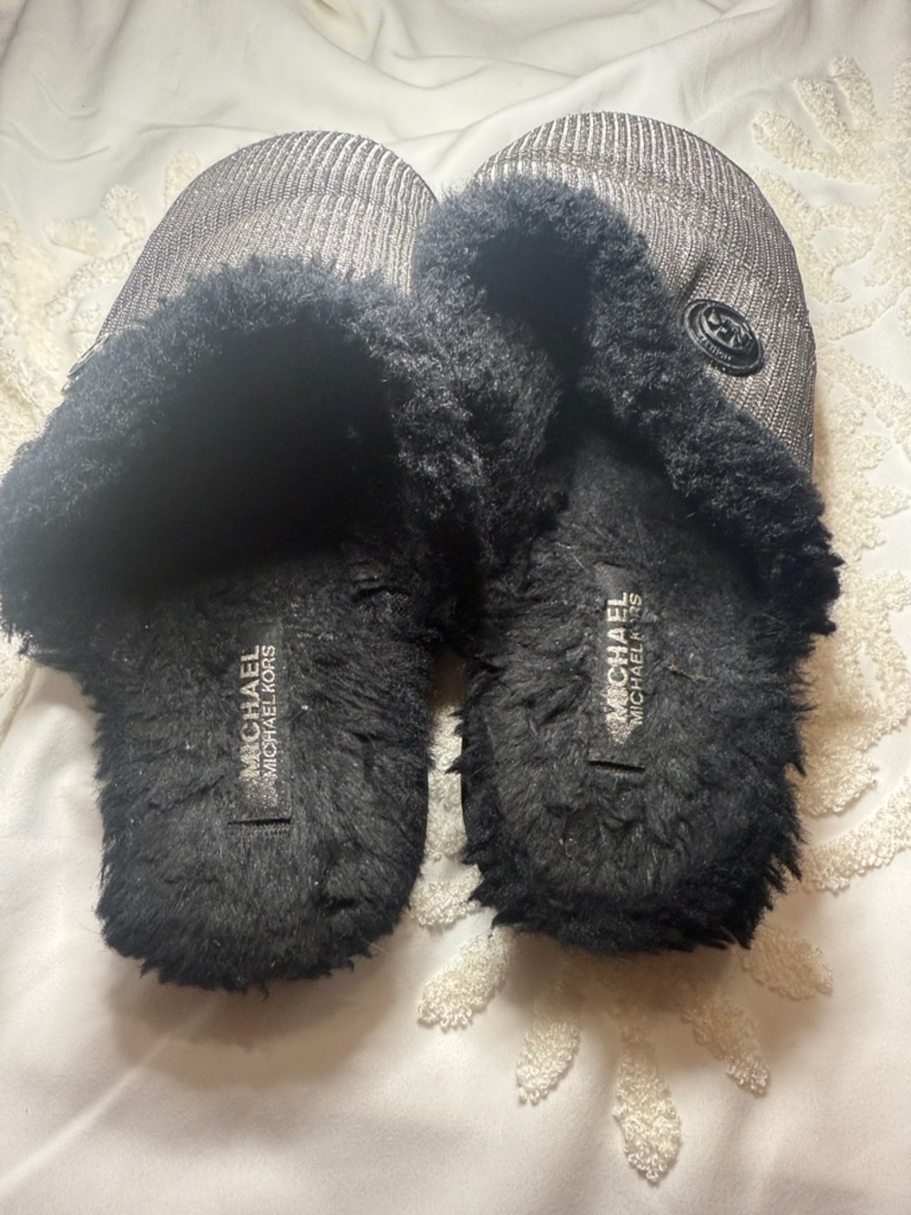 Michael Kors Black Faux Fur Logo Slip-On Slippers